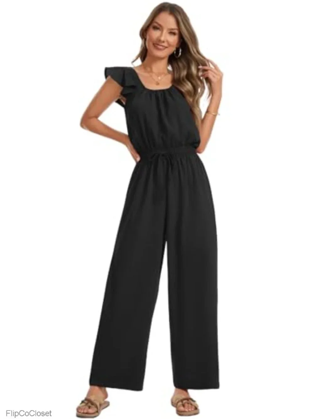 Women's Square Neck Ruffle Sleeve Drawstring Wide Leg Jumpsuit Romper with